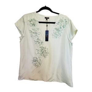Talbots Light Blue Short Sleeve 100% Silk Blouse 3D Floral Detail Size 14 NWT